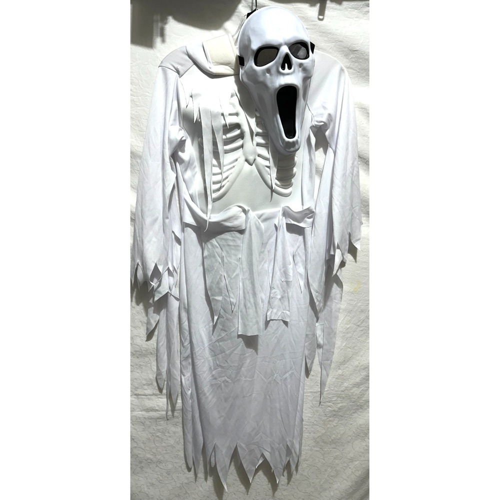 Youth Kids‎ Size 8 or Medium White Ghost Face Collard Hooded Scream Costume